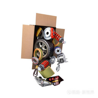 現(xiàn)代汽車維修理念汽車用品送貨車配件打開(kāi)盒3d 渲染在白色無(wú)陰影